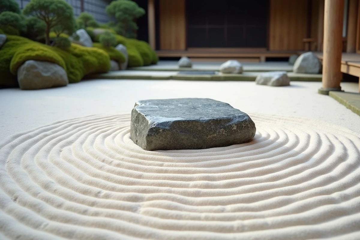 Jardin zen japonais avec sable blanc ratissé en motifs ondulés autour d'une pierre de granit