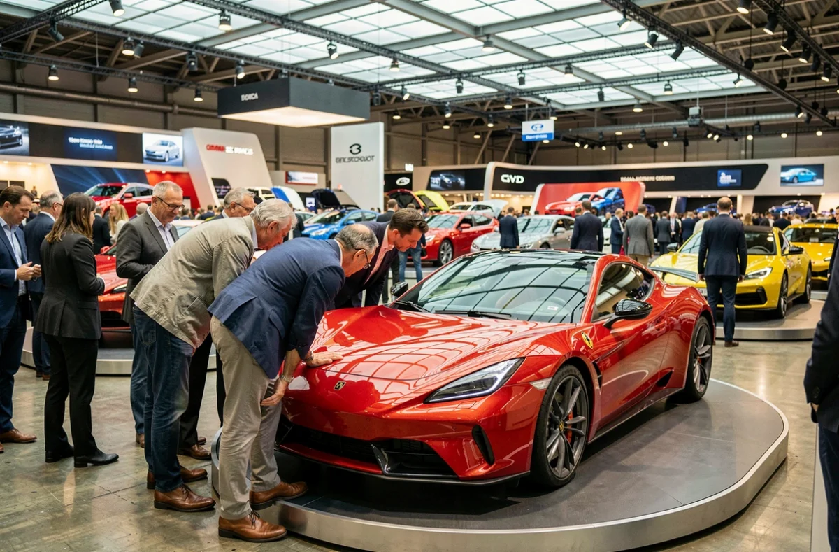 Visiteurs admirant des voitures de concept lors d'un grand salon automobile international dans un hall d'exposition moderne