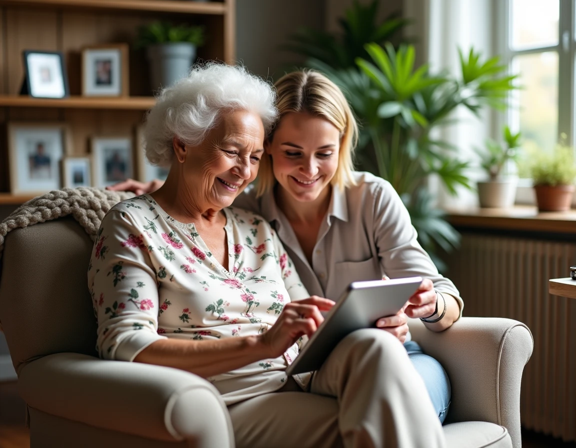 Femme âgée utilisant une tablette numérique pour accéder aux services d'aide en ligne avec l'assistance d'un proche
