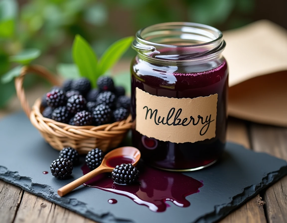 Bocal de sirop de mûrier platane avec des fruits frais dans un panier tressé sur un marché artisanal