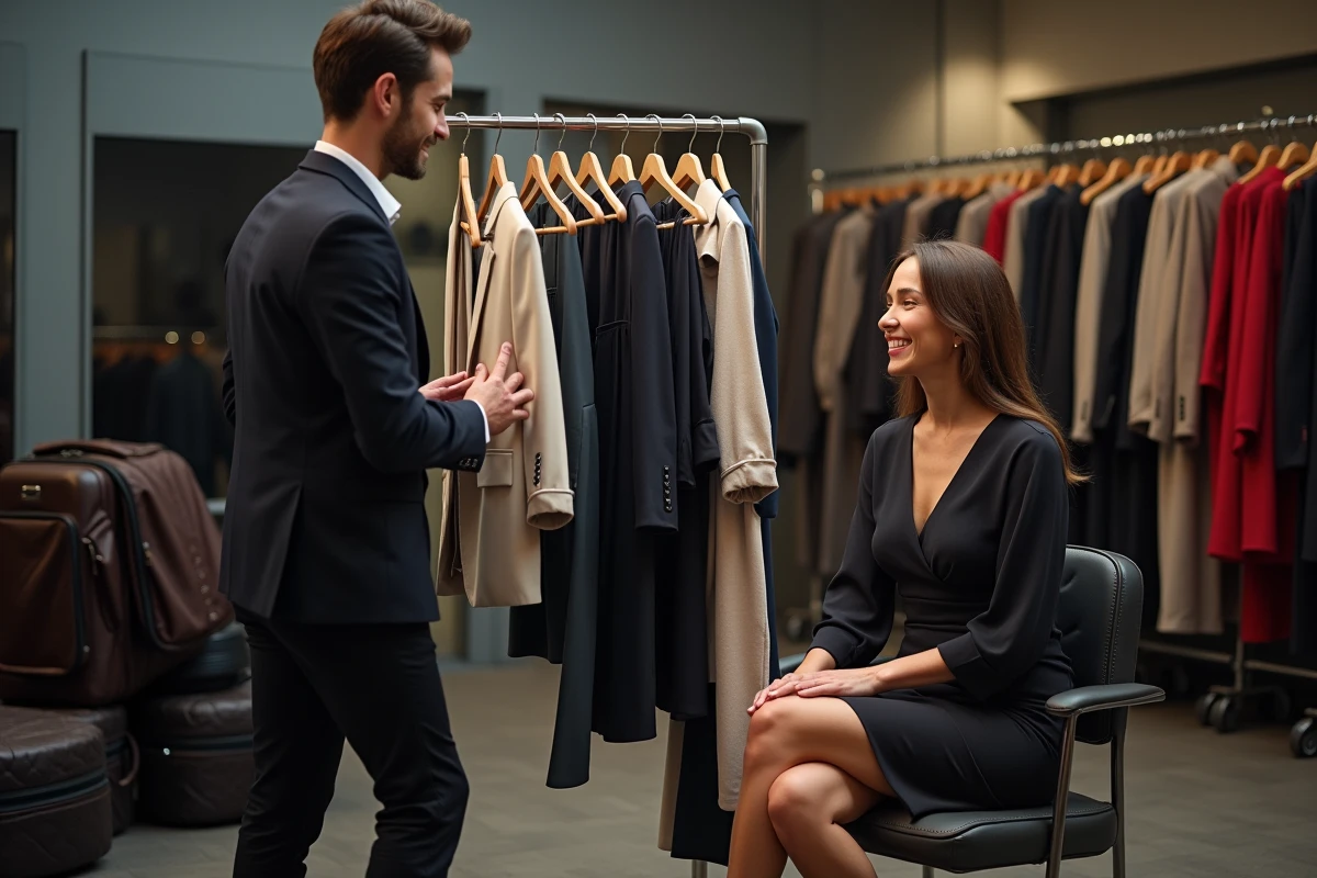 Styliste présentant tenues à une animatrice souriante backstage